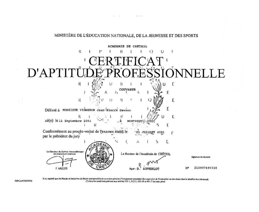 Diplôme CAP de monsieur Vigneron